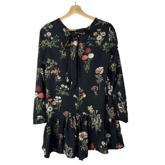 Zara Black Floral Apothecary Ruffle Hem Long Sleeve Mini Dress S - Picture 3 of 6
